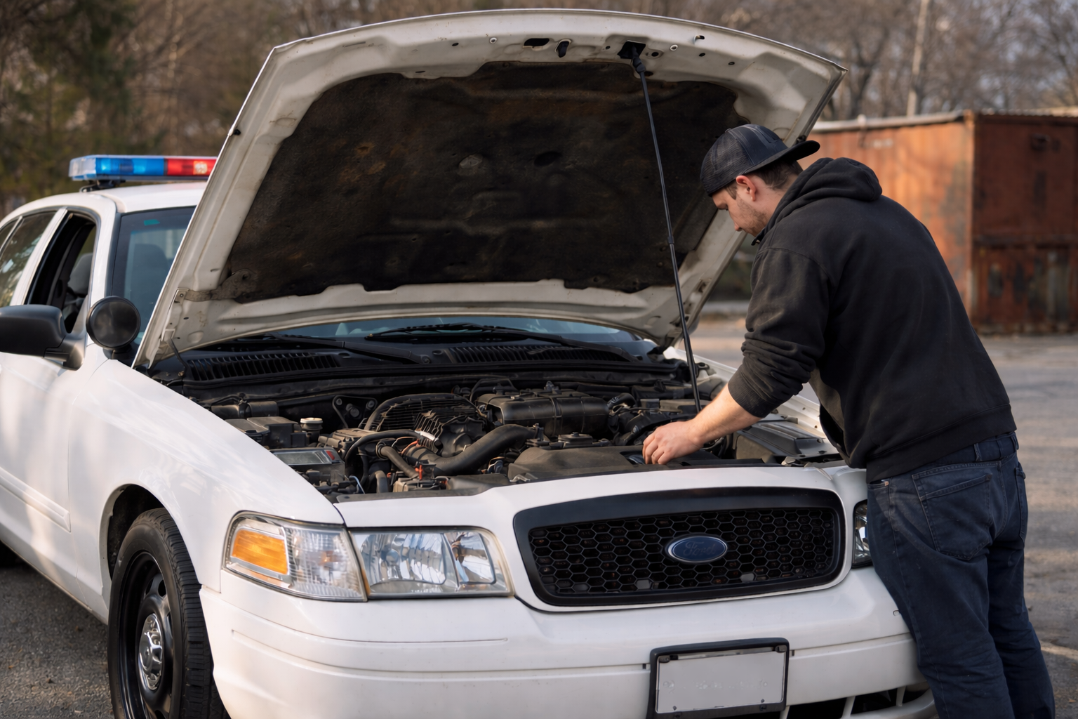 A mechanic working on a Crown Victoria with the hood open